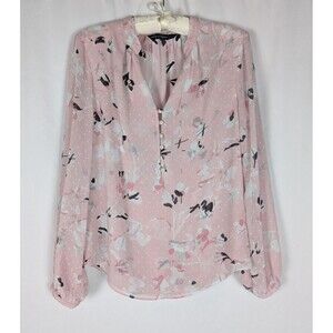 White House Black Market Blouse 6 Women's Pink Floral Chiffon Long Sleeve Vneck